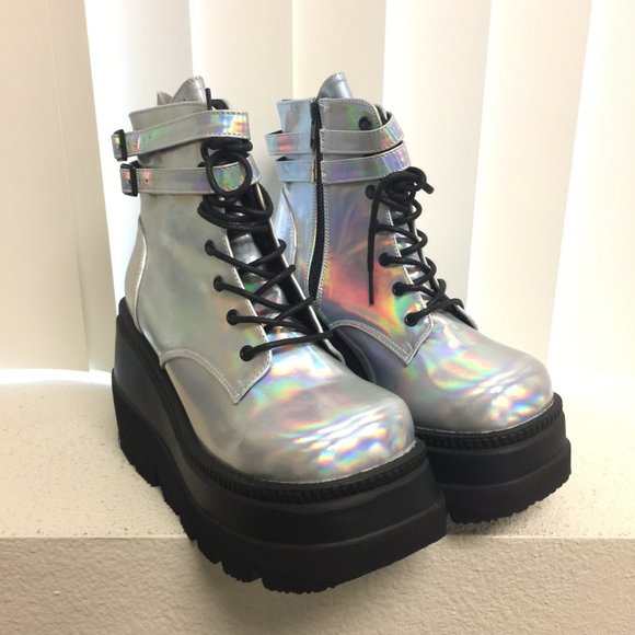 Demonia Silver Holographic Platform Boots - Picture 3 of 13